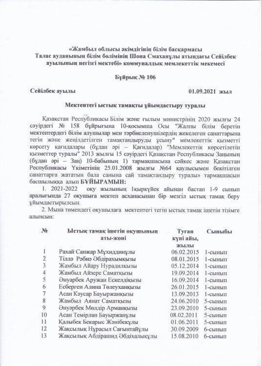 Ыстық тамақ ұйымдастыру бұйрығы